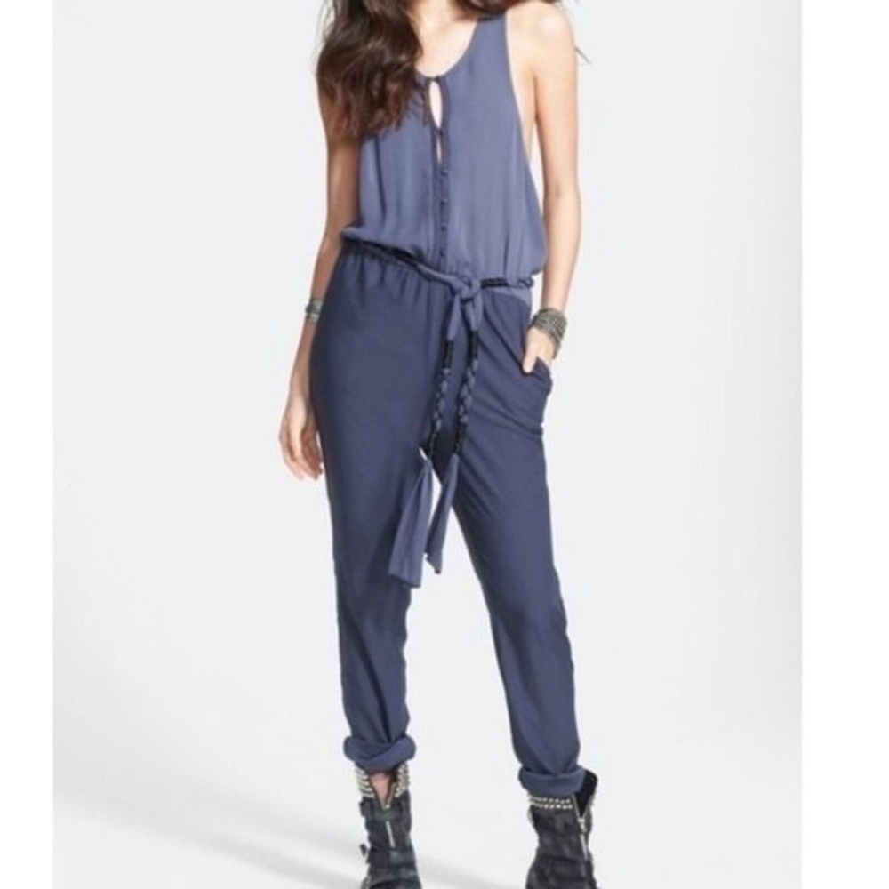 Free People Angelica Slouch Button Racerback Slate Blue Jumpsuit Size M